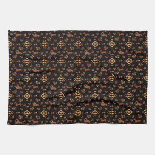 Elegant Fall Dachshund Pattern: Autumn Blooms Tea Towel
