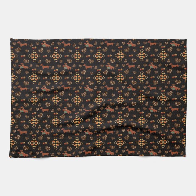 Elegant Fall Dachshund Pattern: Autumn Blooms Tea Towel (Horizontal)