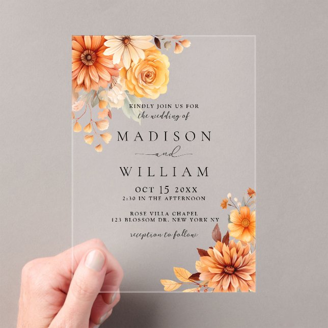 Elegant Fall Daisy Floral Wedding Acrylic Invitations (Insitu (Handheld))