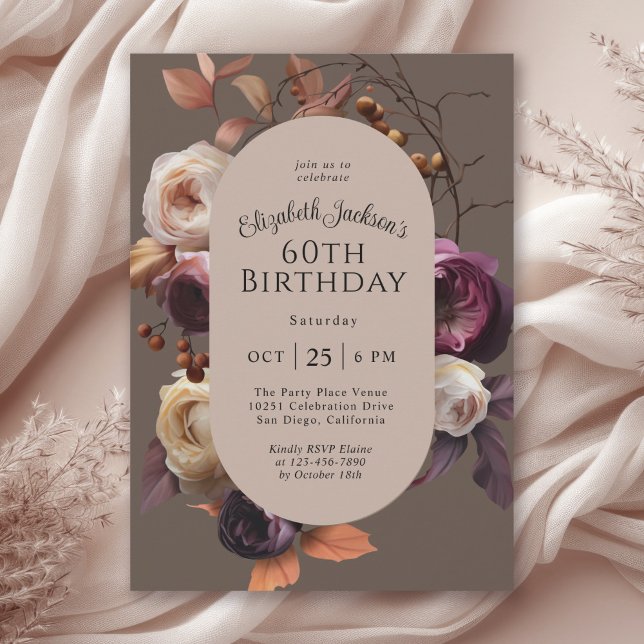 Elegant Fall Floral 60th Birthday Party Invitation (Available in both printed and instant download digital formats.)