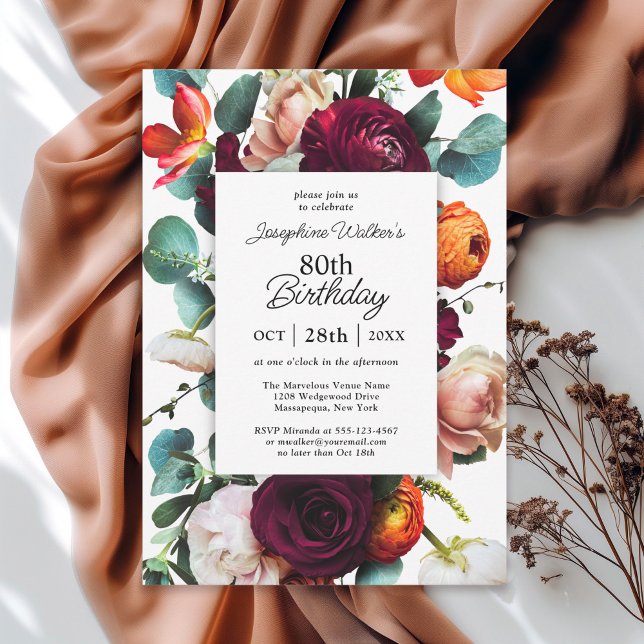 Elegant Fall Floral 80th Birthday Party Invitation (Available in both printed and instant download digital formats.)