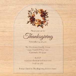 Elegant Fall Floral Autumn Wreath Thanksgiving Acrylic Invitations