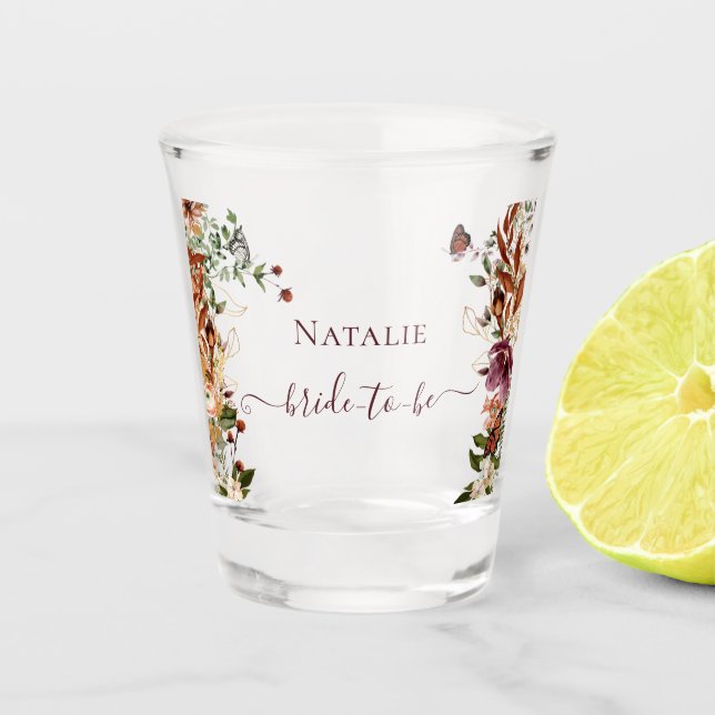 Elegant Fall Floral Bridal Shower Shot Glass (Front)