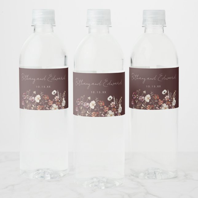 Elegant Fall Floral Brown Wedding Water Bottle Label (Bottles)