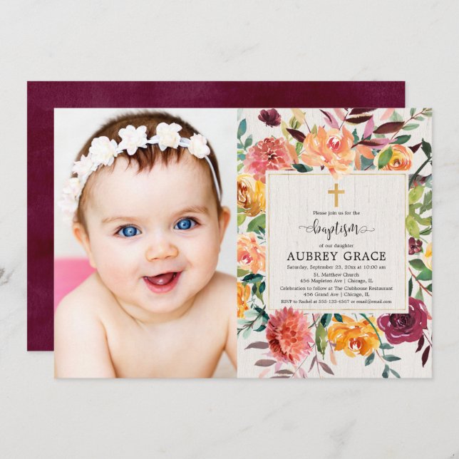 Elegant fall floral burgundy baptism photo invitation (Front/Back)