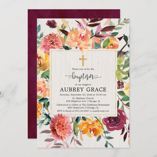 Elegant fall floral burgundy watercolor baptism invitation (Front/Back)