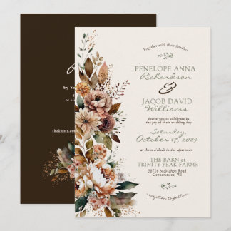 Elegant Fall Floral Dark Brown Boho Autumn Wedding Invitation