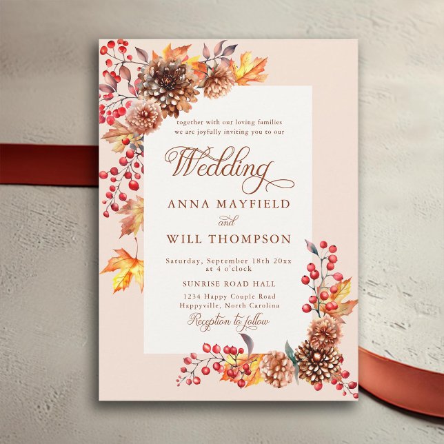 Elegant Fall Floral Frame Romantic Boho Wedding Invitation (autumn floral frame rustic elegant romantic terracotta calligraphy fall wedding invitation boho)