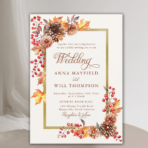 Elegant Fall Floral Gold Frame Romantic Wedding Invitation