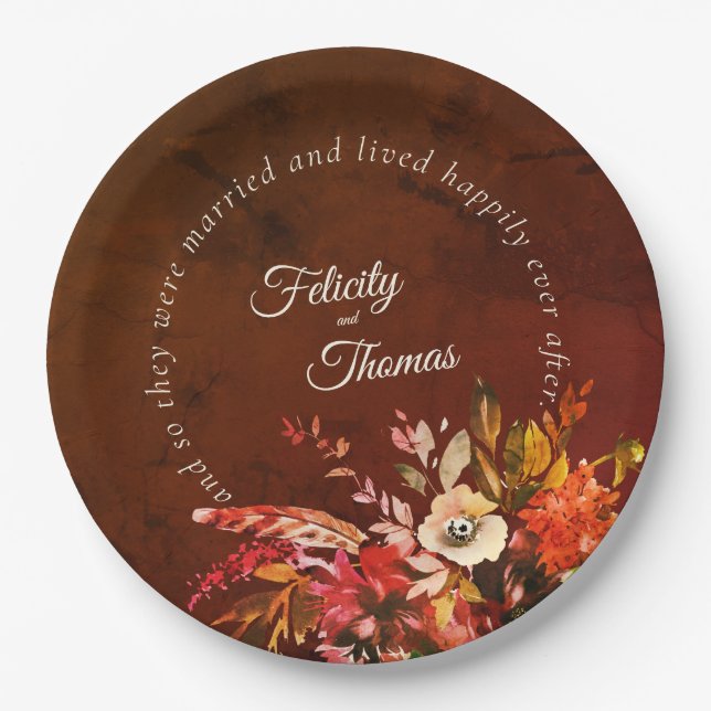 Elegant Fall Floral Happily Ever After Wedding Paper Plate (Front)
