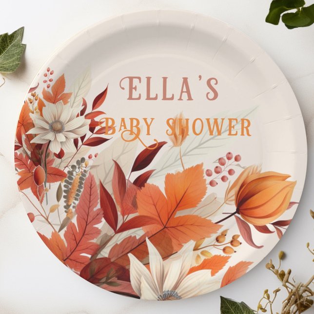Elegant fall floral leaves baby shower  paper plate (Creator Uploaded)