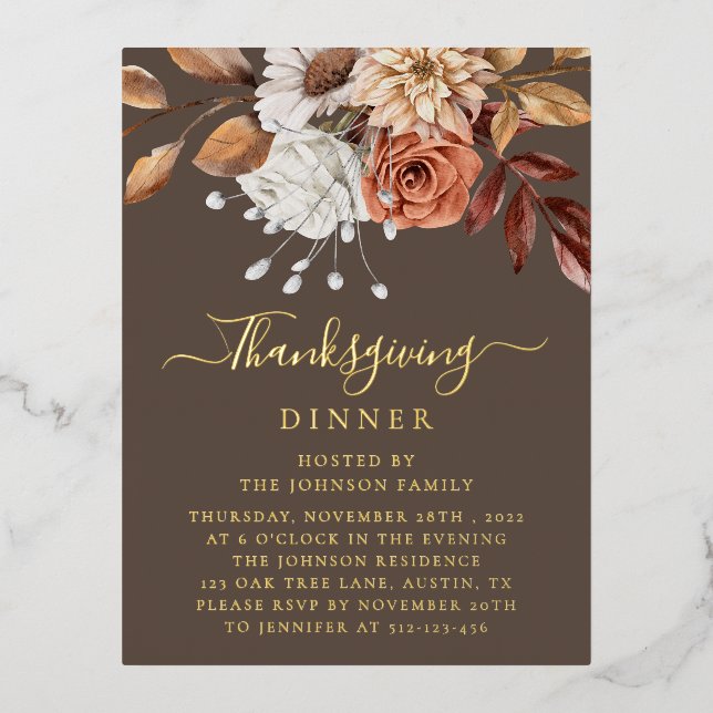 Elegant Fall Floral Leaves Thanksgiving Gold  Foil Invitation Postcard (Front)