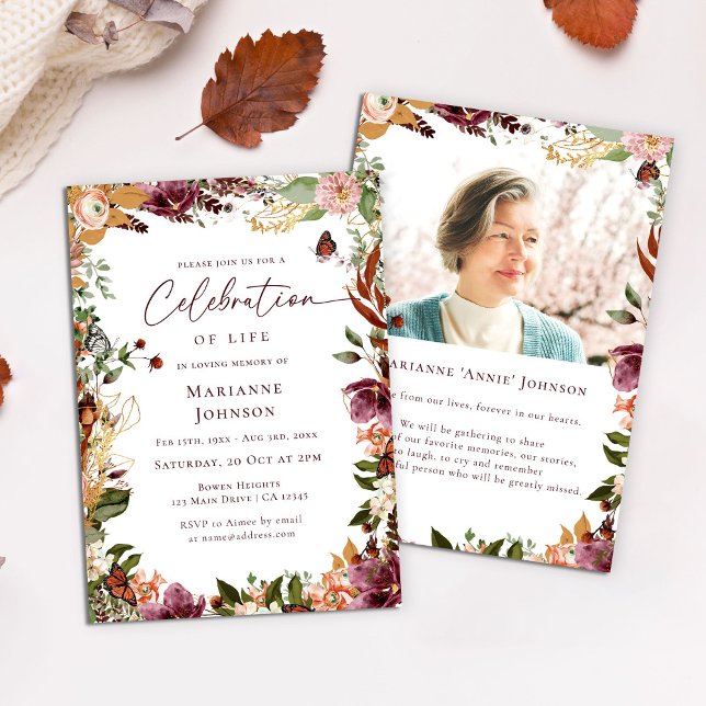 Elegant Fall Floral Memorial Celebration of Life Invitation (Creator Uploaded)