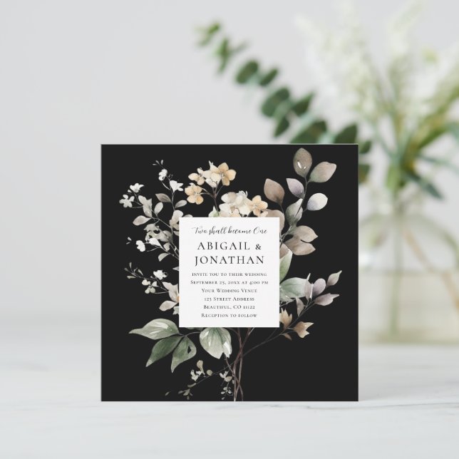 Elegant Fall Floral on Black Christian Wedding Invitation (Standing Front)