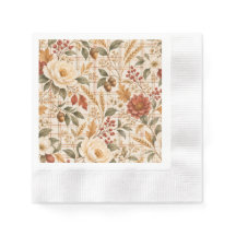 Elegant Fall Floral Plaid Thanksgiving Paper Napki