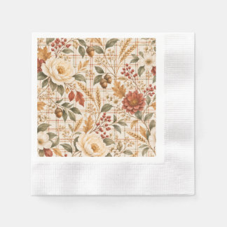 Elegant Fall Floral Plaid Thanksgiving Paper Napki Napkin