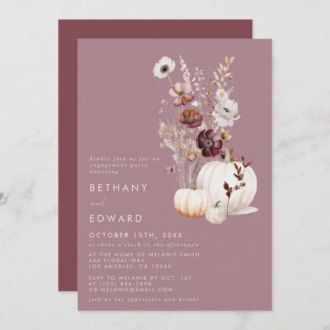 Elegant Fall Floral Pumpkin Engagement Party Invitation (Front/Back)