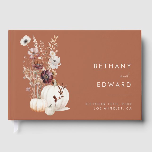 Elegant Fall Floral Pumpkin Wedding Guest Book (Front)