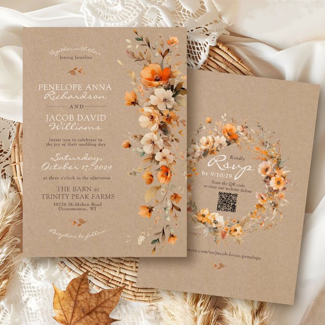 Elegant Fall Floral Rustic Kraft Autumn QR Wedding Invitation (Elegant Fall floral rustic kraft modern watercolor flowers boho QR code Autumn wedding invitation)