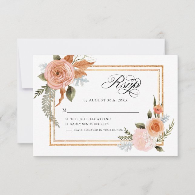 Elegant Fall Floral Terracotta Blush Flowers Gold RSVP Card (Front)