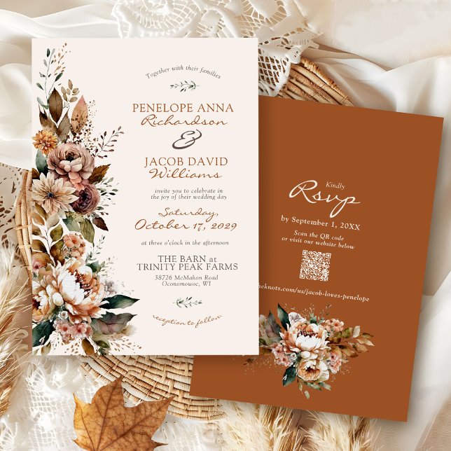 Elegant Fall Floral Terracotta Boho Autumn Wedding Invitation (Elegant watercolor Fall floral terracotta rust burgundy rustic Autumn QR code wedding invitation)