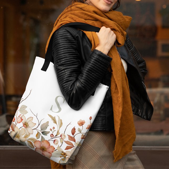 Elegant Fall Floral Watercolor Monogram White Tote Bag (Creator Uploaded)