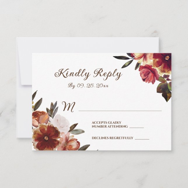 Elegant Fall Floral Watercolor Wedding RSVP Card (Front)