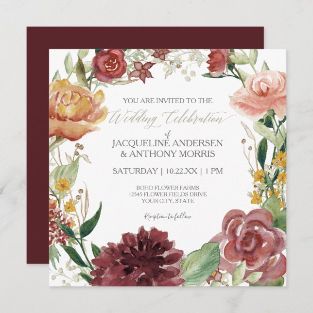 Elegant Fall Floral Wedding Burgundy Blush Roses Invitation (Front/Back)