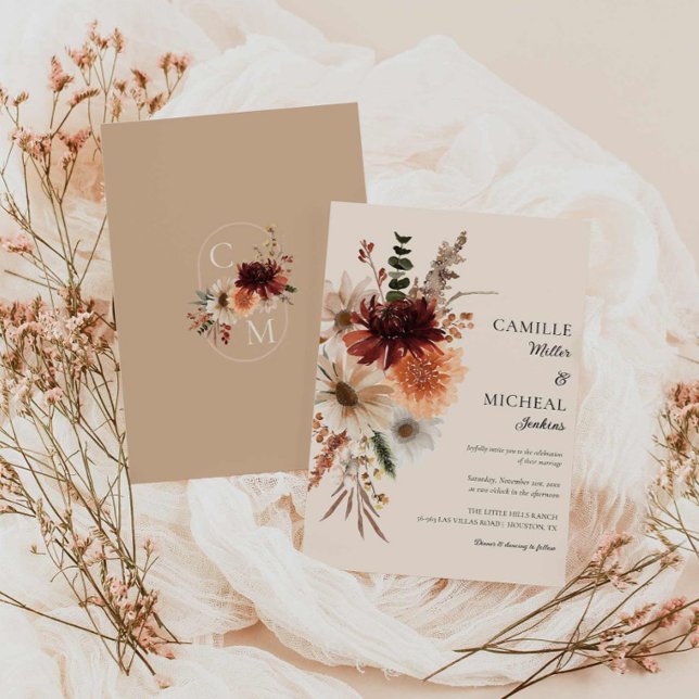 Elegant Fall Floral Wedding Invitation (Rustic Burgundy Floral Wedding Invitation)
