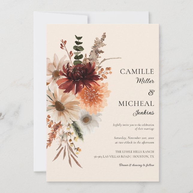 Elegant Fall Floral Wedding Invitation (Front)