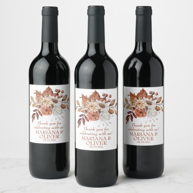 Elegant Fall Floral White Wedding Favours Wine Label (Bottles)