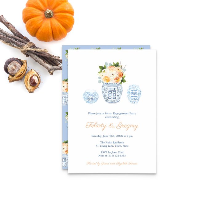 Elegant Fall Flowers Orange Rust Engagement Party Invitation (Elegant engagement party invitation featuring a ginger jar filled with autumn flowers and pumpkins)