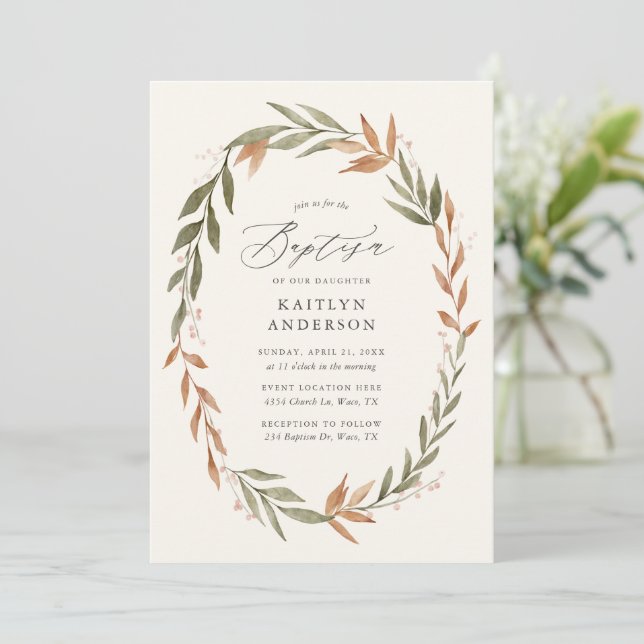 Elegant Fall Greenery Wreath Baptism Invitation (Standing Front)