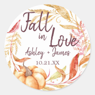 Elegant Fall in Love Autumn Wedding Monogram Classic Round Sticker