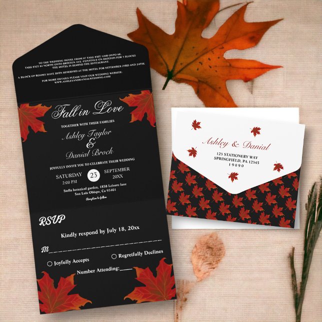 Elegant Fall in Love Black Fall Floral Wedding All In One Invitation (Creator Uploaded)