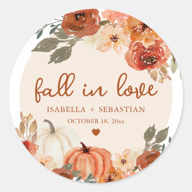 Elegant Fall in Love Boho Pumpkin Wedding Classic Round Sticker (Front)