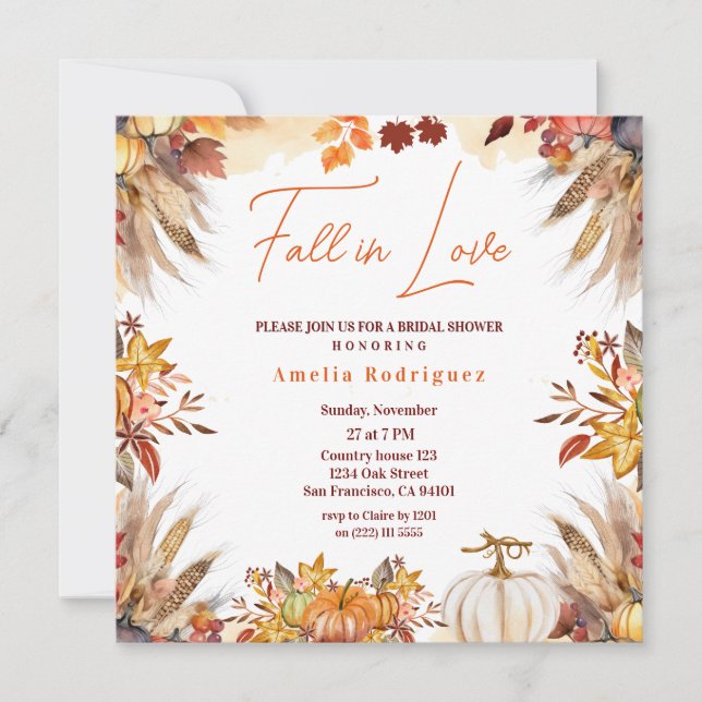 Elegant Fall in Love Bridal Shower Pumpkin Flowers Invitation (Front)