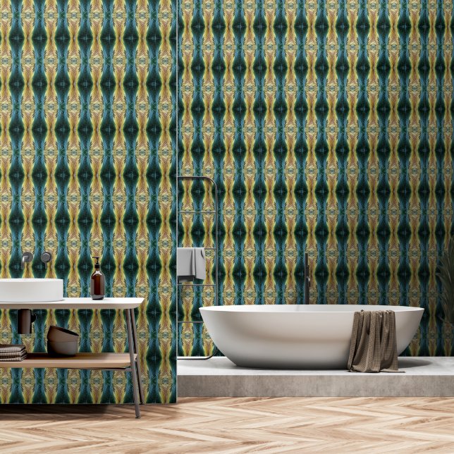 Elegant Fall Leaf Art Pattern, Green Yellow Brown Wallpaper (Bathroom)