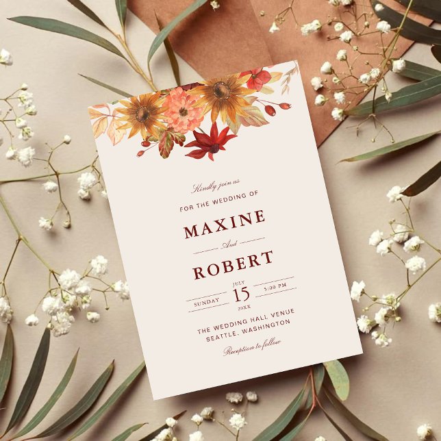 Elegant Fall Leaves Autumn Wedding Invitation (Autumn wedding invitation with elegant fall leaves adds warmth to your special day.)