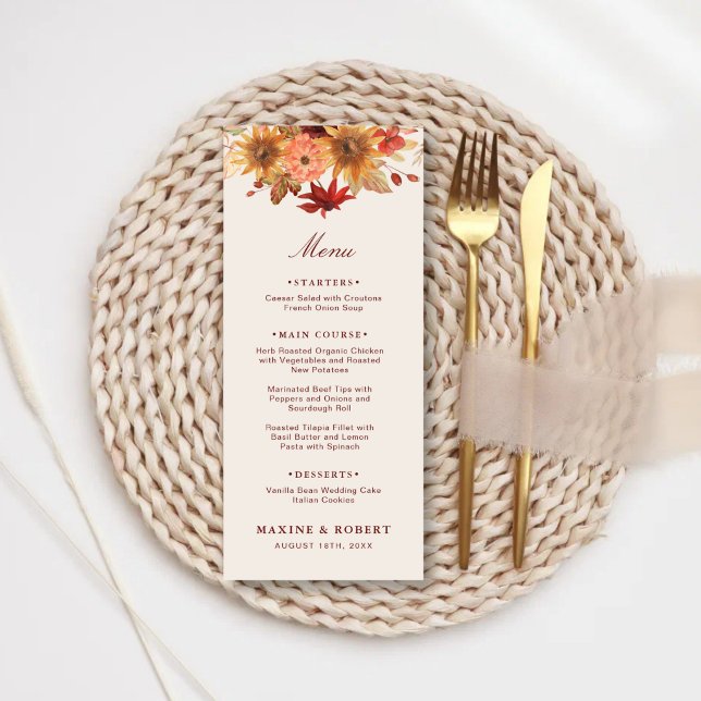 Elegant Fall Leaves Autumn Wedding Menu (Elegant fall leaves autumn wedding menu with warm seasonal charm.)