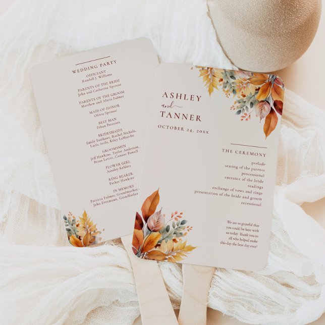 Elegant Fall Leaves Autumn Wedding Program Hand Fan (Creator Uploaded)
