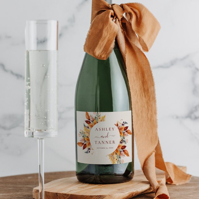 Elegant Fall Leaves Autumn Wedding Sparkling Wine Label (Creator Uploaded)