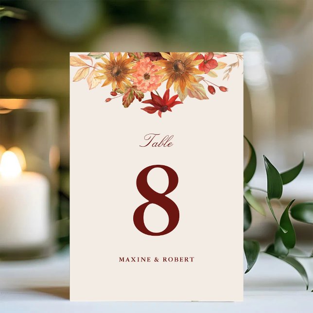 Elegant Fall Leaves Autumn Wedding Table Number (Elegant fall leaves table number adds warm autumn charm to your wedding tables.)