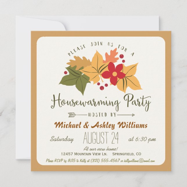 Elegant Fall Leaves & Berries Housewarming Party Invitation (Front)