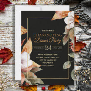Elegant Fall Leaves Black Thanksgiving Dinner Invitation
