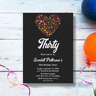 Elegant Fall Leaves Boho Heart Black 30th Birthday Invitation