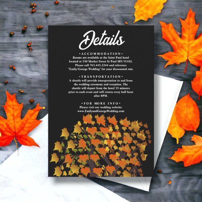 Elegant Fall Leaves Carved Tree Chic Black Wedding Enclosure Card (Creator Uploaded)