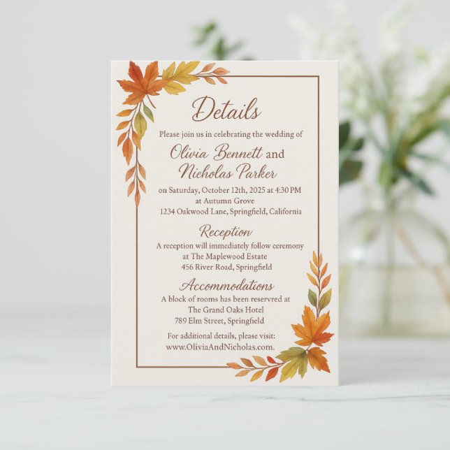 Elegant Fall Leaves & Copper Script Rustic Autumn Enclosure Card (Standing Front)