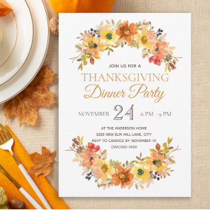 Elegant Fall Leaves Floral Thanksgiving Dinner Invitation