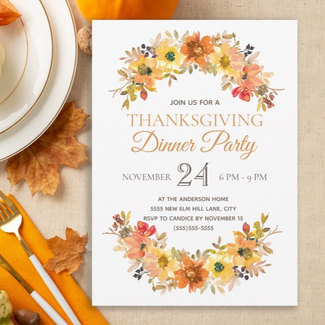 Elegant Fall Leaves Floral Thanksgiving Dinner Invitation (Elegant fall floral and leaves Thanksgiving Dinner invitation)